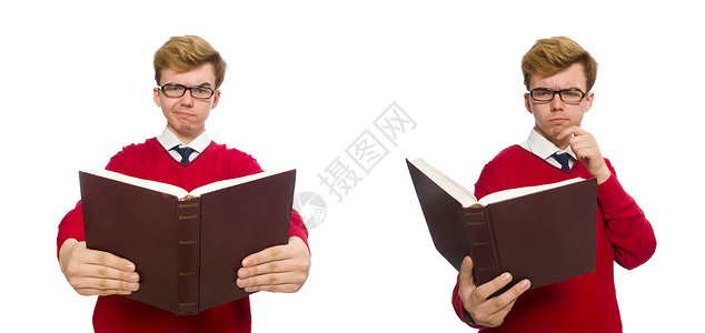 书本与白人隔绝的大学生考试图书图书馆男生青年套衫眼睛快乐青少年衣服背景图片