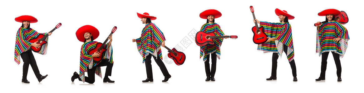 墨西哥人用生动的poncho手持吉他 孤立在白色上乐队音乐收藏歌曲帽子牙裔男人微笑乐器冒充背景图片