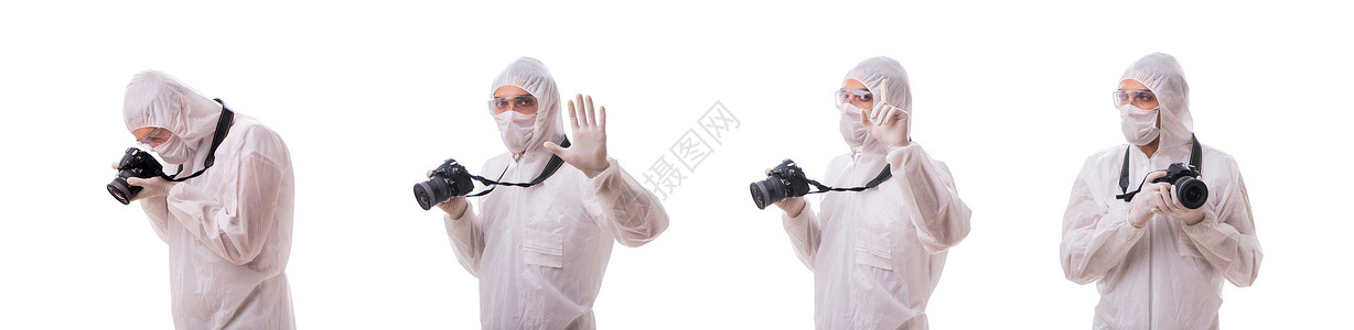 如何收集证据保护性诉讼法证专家拍摄白色照片的白衣面具药品辐射相机实验室男人犯罪学家研究者证据危险背景
