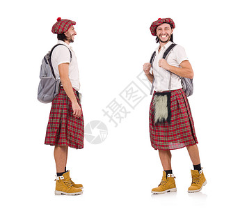 苏格兰帽穿着苏格兰裙子的男人 在白色上被孤立漫画乐趣旅行深色靴子衣服姿势戏服收藏胡须背景
