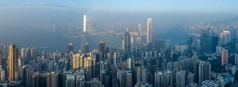 香港天际线全景航空观测台 维多利亚港背景图片