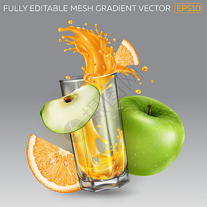 飞溅果汁和苹果在玻璃橙和青苹果中飞溅的果汁设计图片