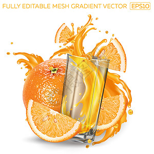 广告被看见橙子和一杯喷洒果汁的杯子插图玻璃厨房味道维生素美食广告健康食谱餐厅插画