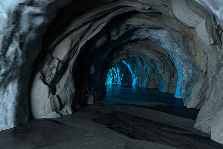 黑暗的岩石隧道 有光线照亮 在最后 3D转化自由阴影小路走廊蓝色通道曲线矿物洞穴入口背景图片