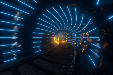 蓝色射线灯光黑暗的岩石隧道 有灯光照亮 3D交接辉光渲染金属洞穴火车通道曲线线条冒险探索背景