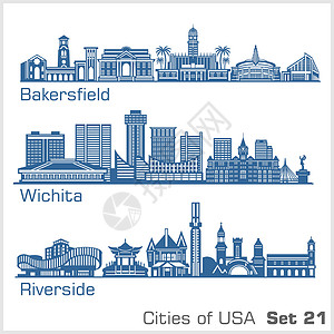 美国各城市-贝克斯菲尔德 威奇塔 河边 详细建筑 趋势矢量说明插画
