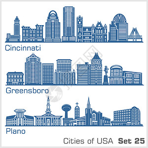 拜伯丽镇美国城市-辛辛那提 格林斯博罗 普拉诺 详细结构 趋势矢量说明插画