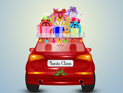 圣诞老人的车带来了礼物方向盘玩具轮子明信片庆典运输丝带驾驶头灯红色背景图片