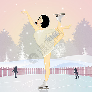 黑褐色女孩滑冰在冰上雪花女士冰鞋黑发插图闲暇快乐背景图片