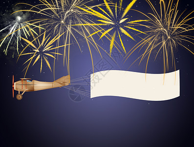 带有新年横幅的飞机天空烟花庆典运输螺旋桨插图背景图片