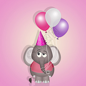 大象宝宝 生日晚会的明信片上挂着气球粉色动物乐趣插图问候语派对女性女孩邀请函愿望背景图片