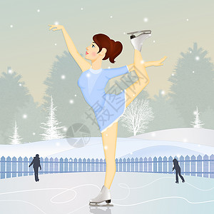 女孩在冰上滑雪快乐冰鞋雪花闲暇插图女士黑发背景图片