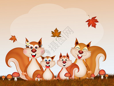 家庭松鼠秋天的松松鼠明信片农场棕色橡子毛皮夫妻动物森林家庭插图背景