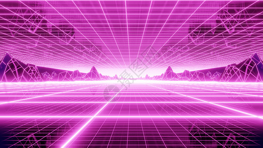 特雷博讷80年代的雷特罗网状山技术科幻日落派对传单网格气件潮人浪潮音乐背景