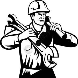 杂工或建筑商穿戴硬帽 背着板球和黑白黑白Spad Retro插画