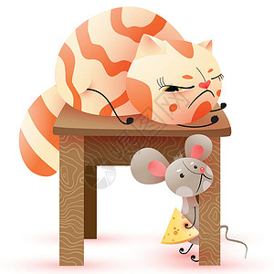 矮凳猫和鼠鼠灰色条纹背凳睡眠卡通片棕色动物眼睛食物凳子插画