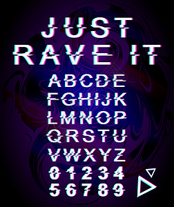字体模板 复古未来派风格矢量字母表设置在紫色背景上 大写字母 数字和符号 具有失真效果的夜生活娱乐字体设计背景图片