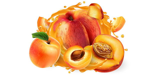 成熟红桃子整片的桃子和杏子 在果汁喷洒厨房食谱味道咖啡店菜单健康插图营养飞溅液体设计图片