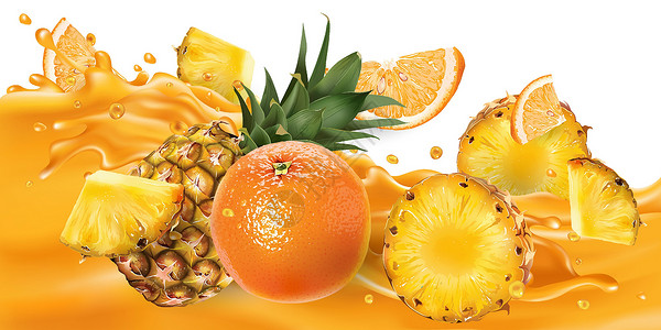 菠萝罐头果汁波上的菠萝和橙子设计图片
