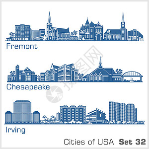 美国城市 - 弗里蒙特 切萨皮克 欧文 详细的架构 时尚矢量图插画