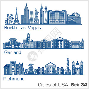 拉斯库姆斯美国城市 - 北拉斯维加斯 加兰 里士满 详细的架构 时尚矢量图插画