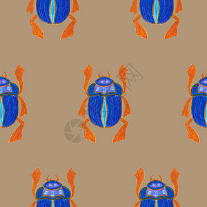 米色背景上孤立的蓝色圣甲虫 与 Bug 昆虫 甲虫的无缝模式 包装纸 封面 贺卡 壁纸 织物的设计背景图片