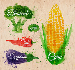 水彩手绘蔬菜蔬菜 水彩玉米 花椰菜 辣椒 奶粉设计图片