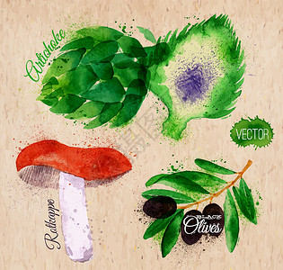 黑橄榄蔬菜 水彩色的旋翼 椰子树脂设计图片