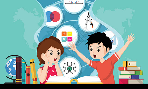 家局用品小学生打开书 回到学校 教育 想象力的概念 学生男孩和女孩阅读有关数学 用品和学习的内容 水平网页横幅模板 矢量图设计图片