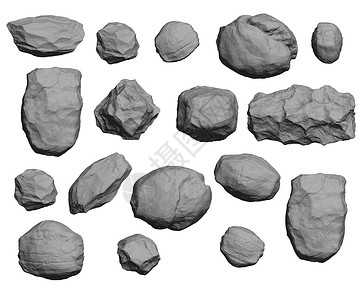 以白色背景上隔离的不同形状的石块设置 低聚状灰色石块 3D 矢量插图背景图片