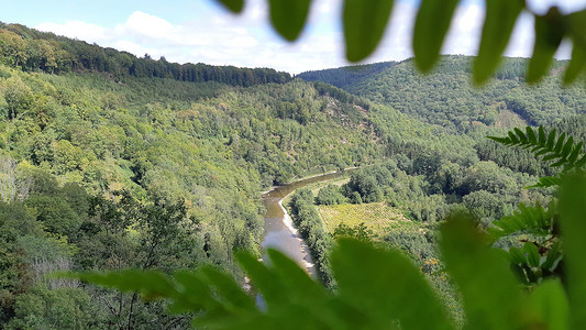 罗什如在或上所见 位于Rochehaut附近的Bouillon地区Semois河森林风景视角爬坡旅游梯队远足环境旅行背景