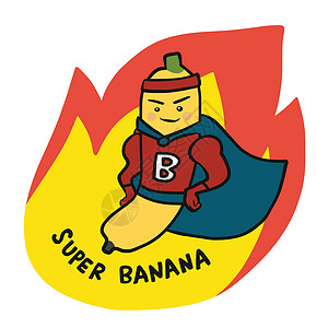 英雄标志火上超级香蕉英雄卡通漫画标志矢量插图插画
