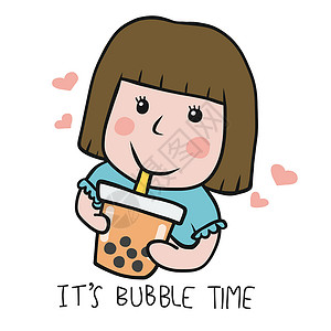 木薯淀粉女人喝大泡泡茶茶杯卡通漫画矢量插图设计图片