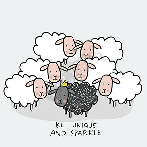 白色羊群中的黑羊 是独特和闪亮的卡通画面矢量插图图片素材