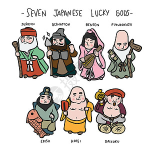 确认过眼神你是对的人7个日本幸运神 他们的名字是卡通漫画Doodle的矢量插图插画