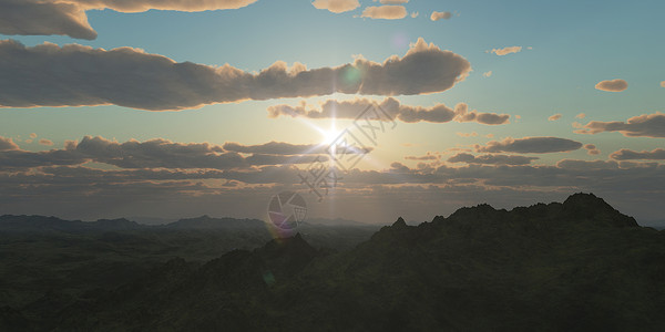 在云彩日落的山全景 计算机生成的 3D 图案行星3d天线爬坡渲染太阳插图外星人曲线天空背景图片