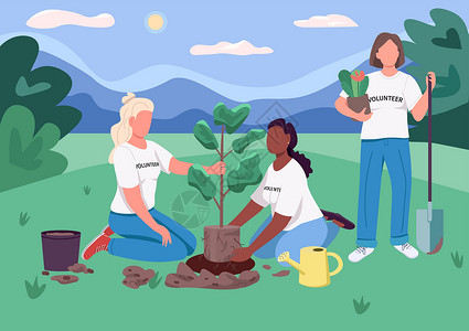 志愿者团队生态女性主义平板彩色矢量插图插画