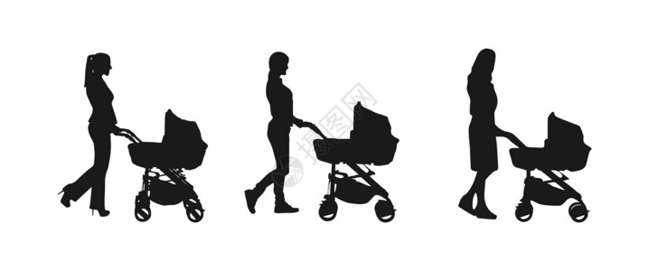 妈妈推婴儿车携带婴儿车的妇女的矢量平面轮椅 伊索拉设计图片
