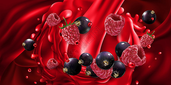 黑醋栗味红果汁中的黑醋栗和覆盆子设计图片