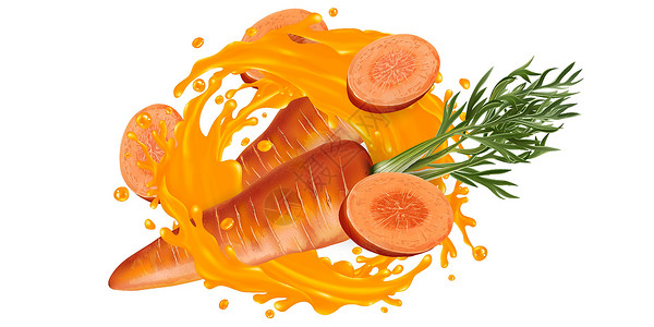 整片胡萝卜在蔬菜汁的喷洒插图咖啡店沙拉果汁飞溅广告健康厨房饮料饮食设计图片