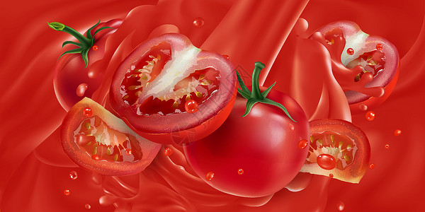 番茄果汁蔬菜汁中的整个和切片的西红柿设计图片