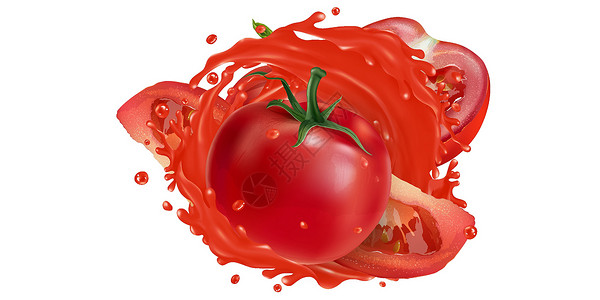 番茄果汁将西红柿切成蔬菜汁的花朵饮料蔬菜广告菜单厨房食谱插图营养饮食液体设计图片