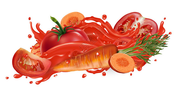 西红柿蔬菜果汁蔬菜汁喷洒中的番茄和胡萝卜健康味道食物食谱果汁飞溅饮料餐厅饮食厨房设计图片