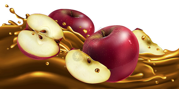 可口的果汁果汁波上的整个和切片的红苹果设计图片
