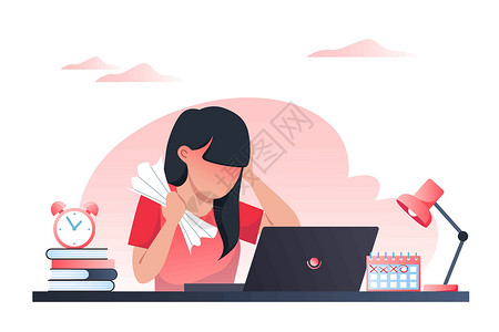 被问题压垮在电脑上女士年轻女性正在用笔记本电脑工作 在工作上压力很大 解决任务有问题插画