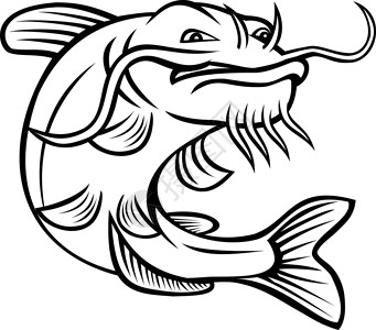大口鲶鱼或在黑白卡通上跳跃插画