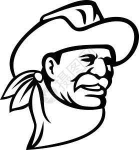 粗野的美国牛仔穿着帽子胡子和班达纳马斯科特黑白插画