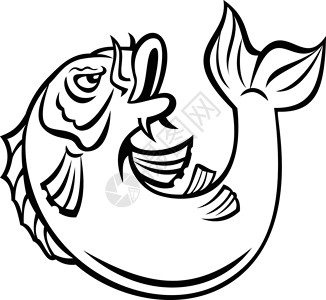 锦里Koi Jinli或Nishikigoi鱼跳上卡通黑白风格插画