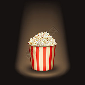 电影院开门了爆米花圆桶杯在聚光灯下 现实的矢量电影堆积了流行玉米纸碗红白盒 超级明星电影零食 图形插图设计图片