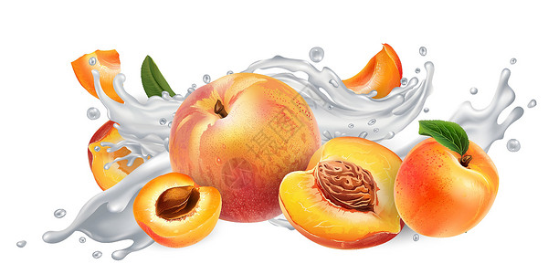 吃杏子牛奶或酸奶中的杏子和桃子产品饮料维生素厨房鞭打饮食营养广告液体食物插画